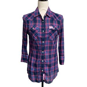 Superdry Shirt Shop Navy Pink Plaid Button Front Western Shirt Size M (Fits S)